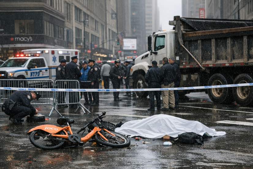 Dump truck driver hits and kills cyclist on 34th Street in Midtown, NYPD says